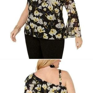 NEW INC Black Yellow Floral One Shoulder Top 1X